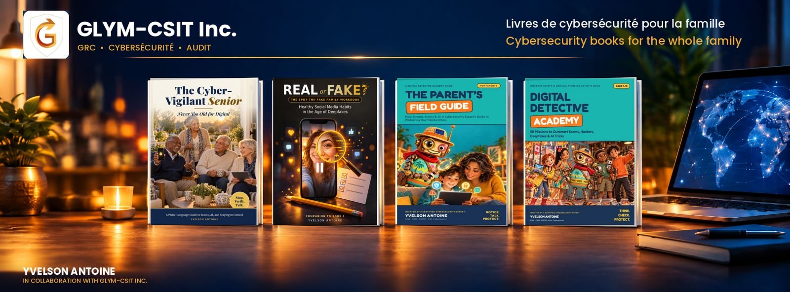 GLYM Editions books: The Cyber-Vigilant Senior, Real or Fake?, The Parent’s Field Guide, Digital Detective Academy